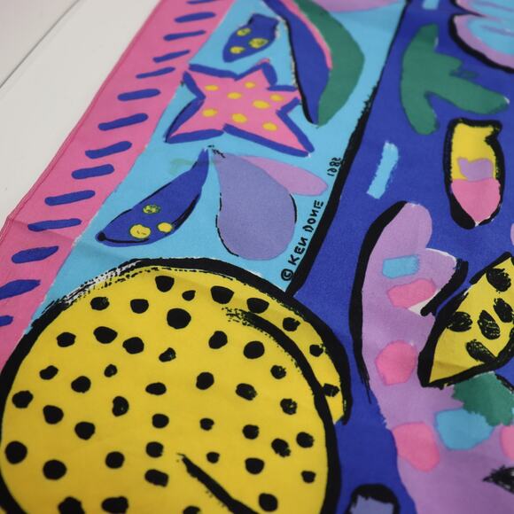 Vintage Ken Done Silk Scarf 1988 "School of Fish" Print - Picture 3 of 6